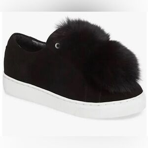 Here/Now Womens Fur Pom Pom Slip-On Platform Sneakers Black Size 9.5